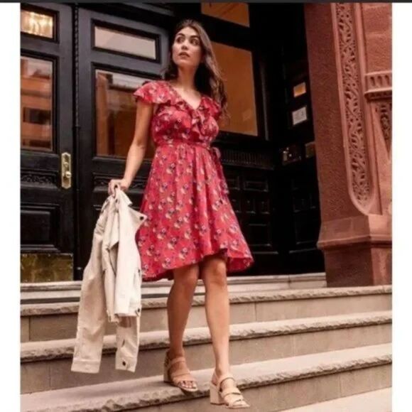 Anthropologie Maeve Rosalia Wrap Dress Size 12 Red Ruffled Floral NEW W Tags - Picture 2 of 16